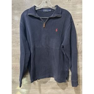 Polo Ralph Lauren Sweater Mens Medium Dark Blue Navy Red Logo 1/4 Zip Mock Neck